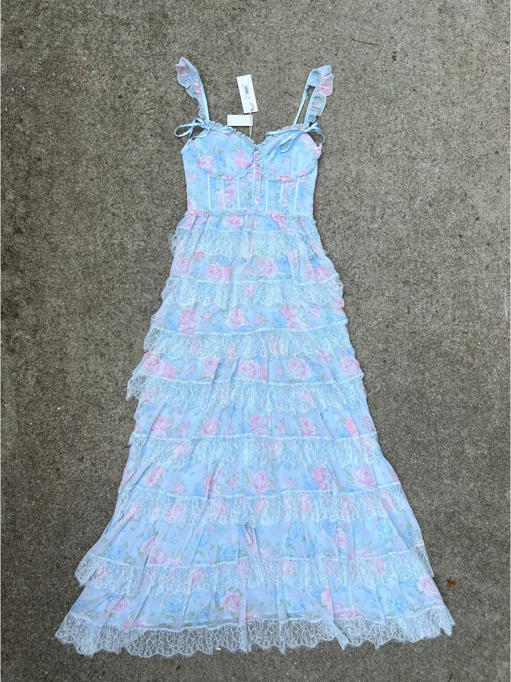 NWT Altar’d State Rhiannon Blue Pink Floral Lace Tiered Maxi Dress Small - Picture 2 of 9